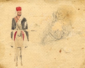 Dignitario su cavallo e due personaggi seduti